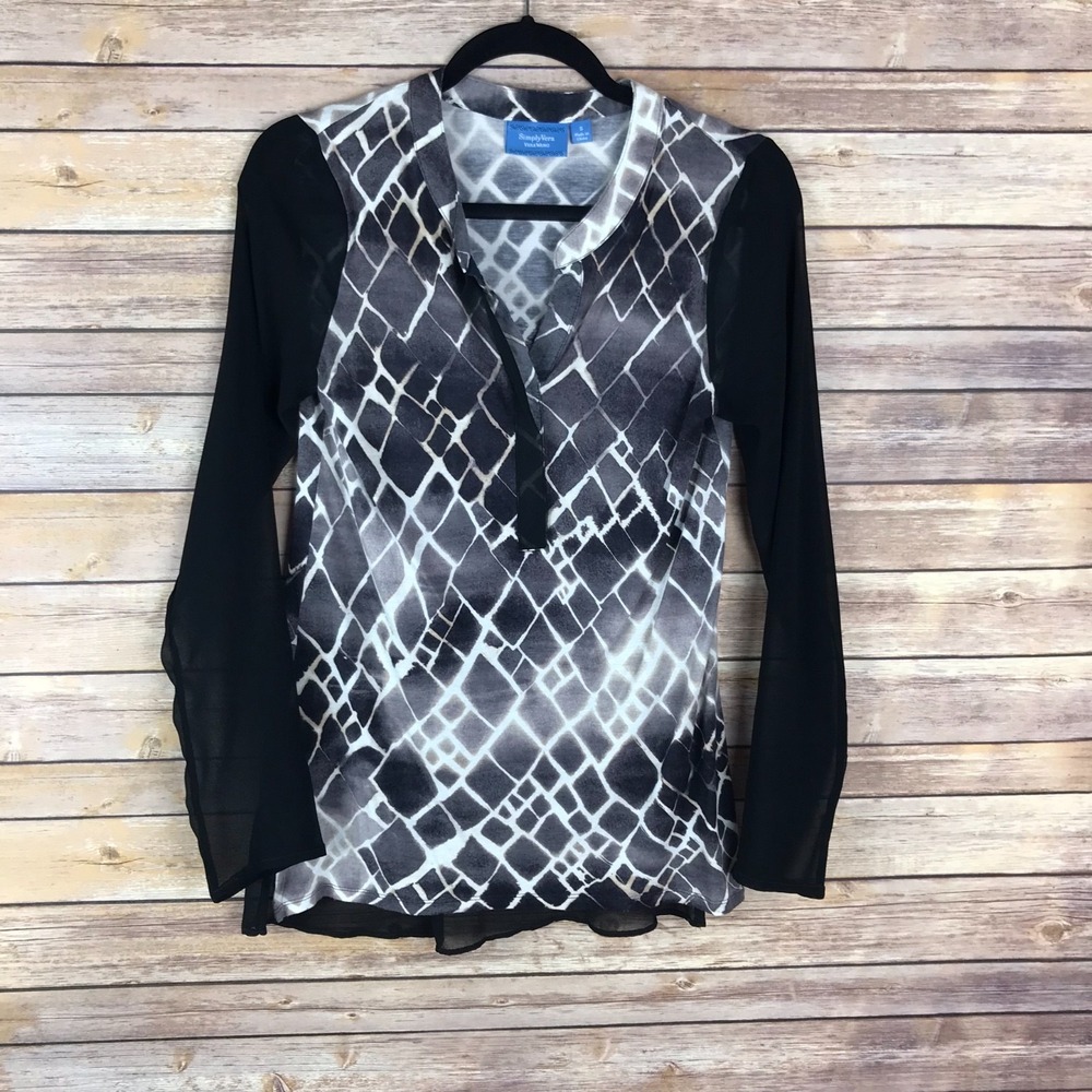 Simply Vera Wang Top Womens S Black Diamond Print Blouse Long Sleeve Pullover